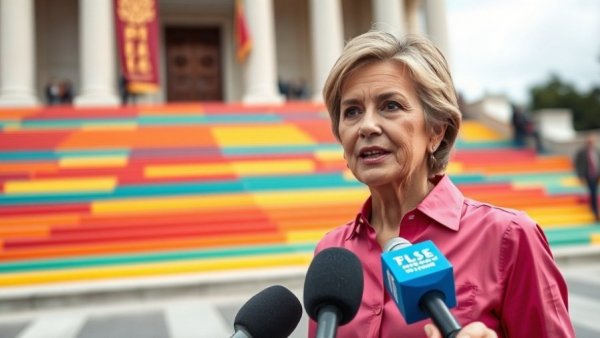 Philadelphia Art Museum CEO speaks outside, colorful steps.