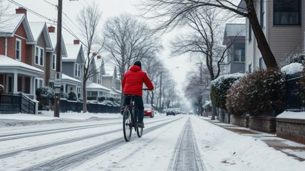 Winter street with person in red jacket adjusting bicycle near houses.