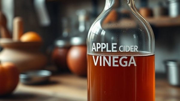 Apple cider vinegar bottle with apples on rustic counter.