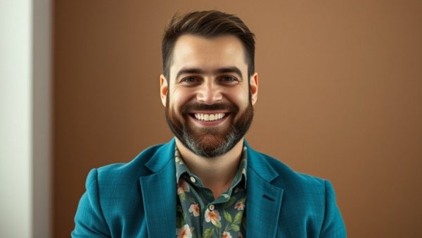 Cheerful man in floral shirt, teal blazer, smiling.