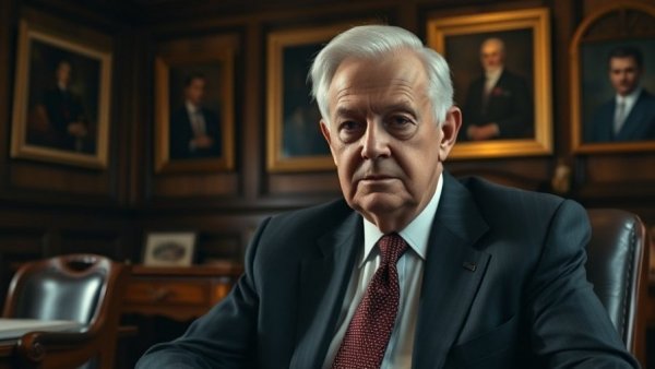 Elderly white-haired man in an office setting, looking serious.