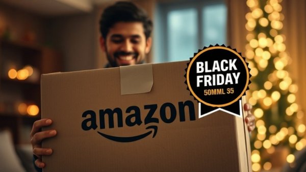 Amazon package with Black Friday emblem on table.