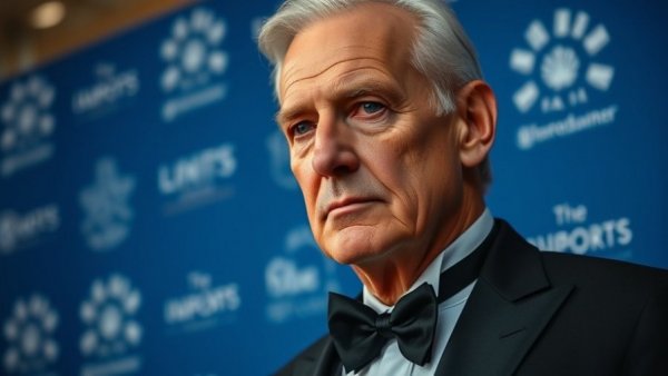 Distinguished man in tuxedo at event backdrop.