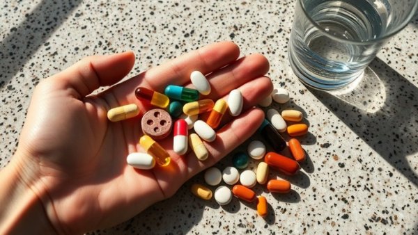 Assorted supplements in hand with a glass of water, depicting supplements not to mix with vitamin D.