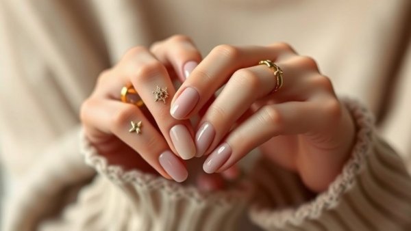 Winter nail polish colors 2025 on manicured hands with gold rings.