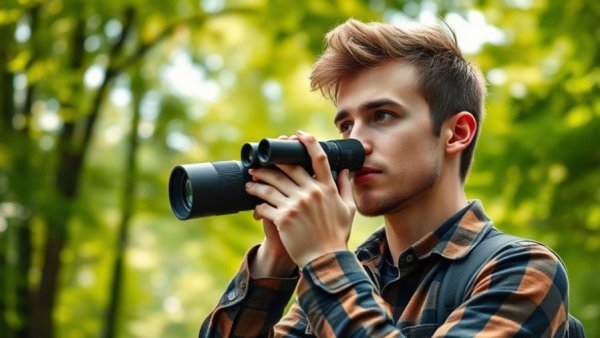 Young man using Nocs Provisions Zero Tube Monocular outdoors.