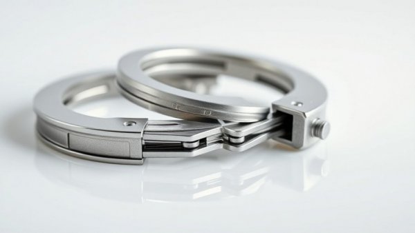 Close-up of shiny metallic handcuffs on plain background