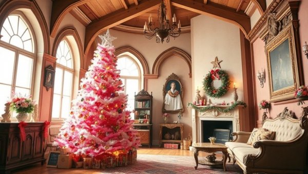 Festive room at Fonthill Castle with pink Christmas tree.