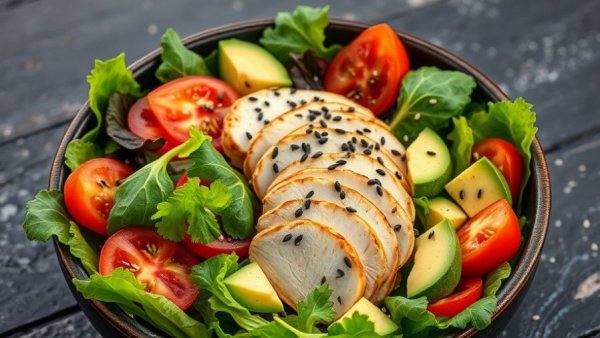 Healthy salad with grilled chicken, avocados, and greens.