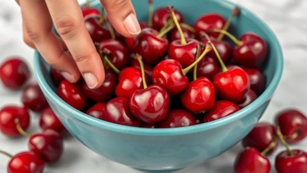 Fresh cherries in bowl, hand reaching; best foods for sleep.