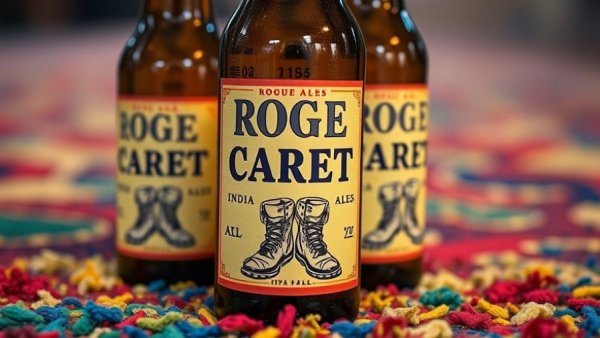 Rogue Ales PDX Carpet IPA bottles on colorful carpet.
