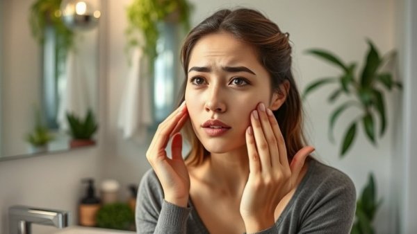 Young woman examining dry skin, winter skincare routine in bathroom.