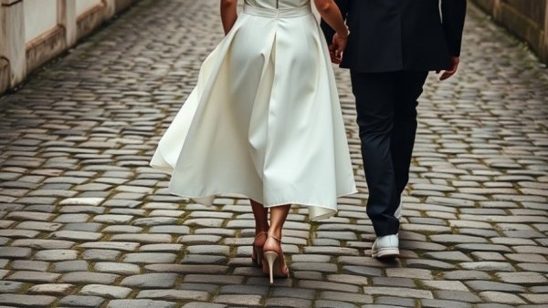 Elegant couple walking in wedding attire on cobblestones, capturing commitment.