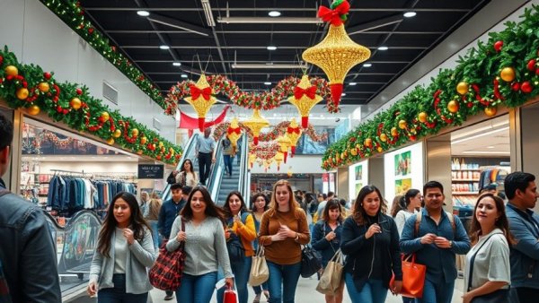 Black Friday shopping rush in Pennsylvania store with festive decor.