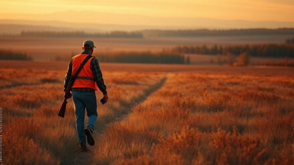 Pennsylvania rifle deer hunting season 2025: Hunter in orange vest walking through a field in autumn.