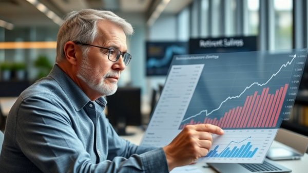 Middle-aged man analyzing retirement savings benchmarks graph.