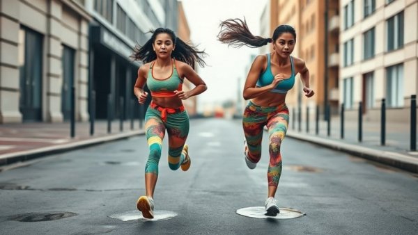 Active women running energetically in colorful workout clothes on urban street.