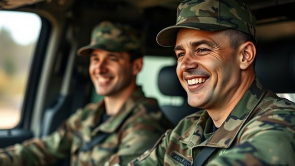 National Guard member in uniform inside vehicle, soft expression.