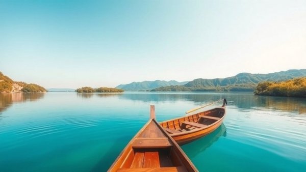 Serene lake with a wooden boat, highlighting tranquility and nature.
