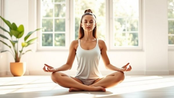Woman in lotus pose for glowing skin yoga in winter, sunlit room.
