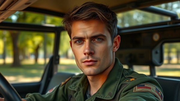 Young man in military vehicle outdoors, stock bets and crypto culture in the military.