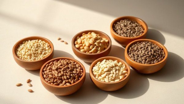 Seed cycling for PCOS: pumpkin, sesame, flax seeds in bowls.
