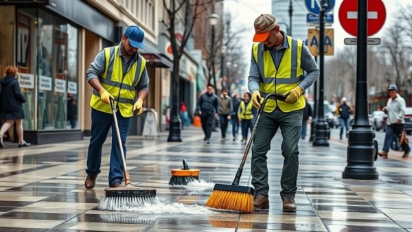 Workers clean sidewalk in urban area after incident, Rahmanullah Lakanwal shooting suspect.