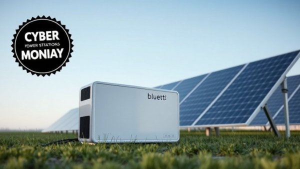 Bluetti power station with Cyber Monday deal logo on grassy field.