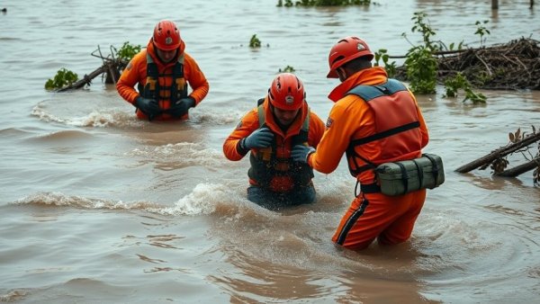 Emergency responders assist person in flooding in Indonesia.