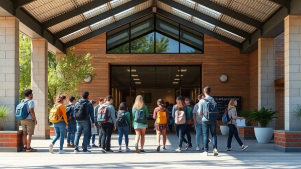 Students outside school discussing four-day school weeks.