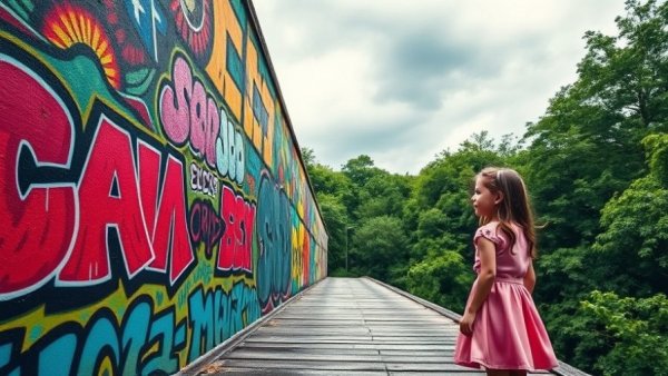 Visiting Graffiti Bridge in Berks County, girl admiring vibrant art.