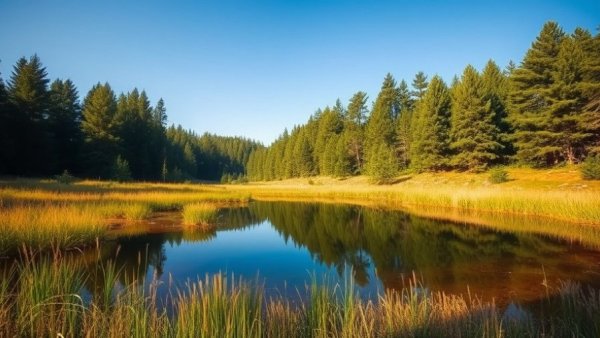 Scenic view of a pond in Allegheny National Forest surrounded by grasses.