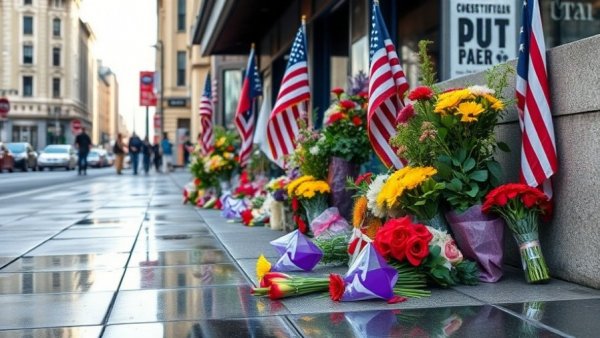 Memorial with flowers and flags on city sidewalk, D.C. National Guard shooting suspect pleads not guilty.