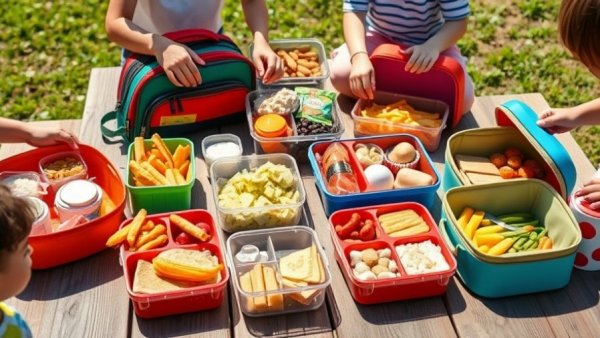 Assorted lunchboxes and meals on a picnic table, outdoor setting.