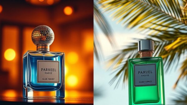 Comparison of fragrance bottles in different settings, highlighting legal battles over fragrance dupes.