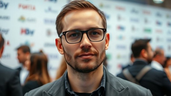 Confident man attending an event, neutral in front of branded backdrop.