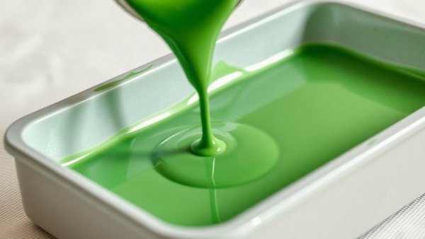 Pouring green zero-VOC paint into a tray.