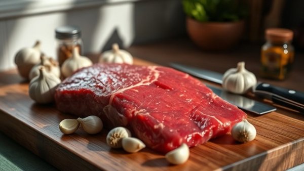 Red meat on cutting board with garlic and shallots, warm kitchen setting.