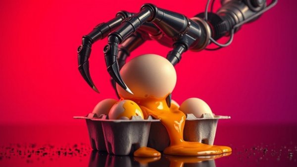 Surreal image of claw machine with leaking egg carton symbolizing egg freezing urinary incontinence.