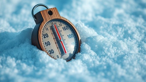 Thermometer in snow showing cold temperatures during arctic blast in central Pennsylvania.