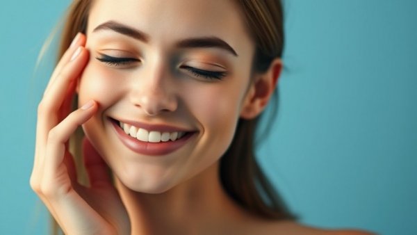 Smiling woman with clear skin touching face, skincare habits disrupt hormones context.