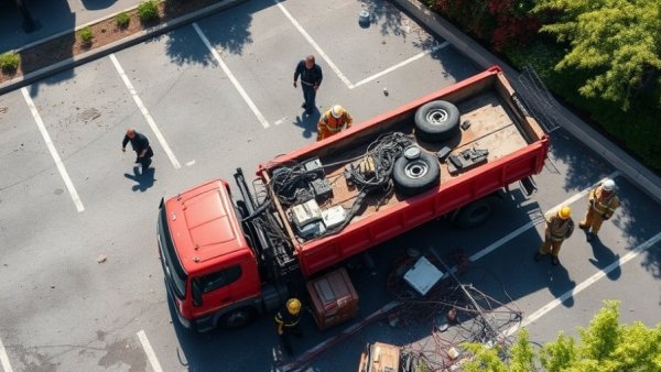 Overturned dump truck crash scene on West Chester Pike with responders.