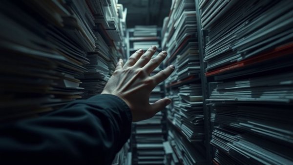 Hand reaching for file in dimly lit storage, suggests privacy concerns.