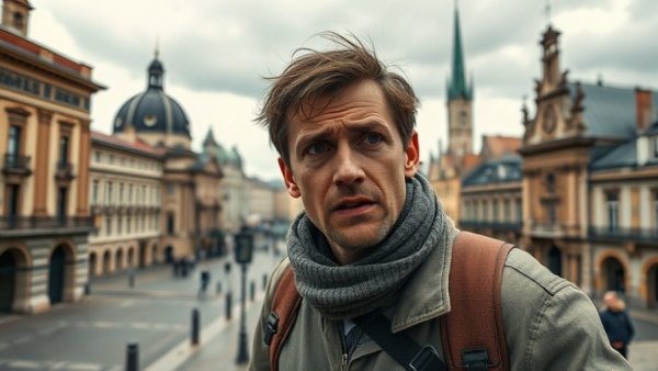 Winter travel discomfort in Europe at historic site.