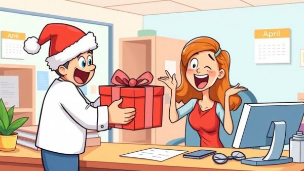 Cartoon of late gift exchange in office with April calendar.