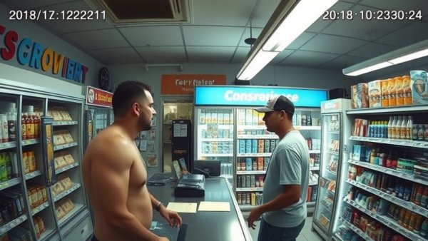 Convenience store security footage with two individuals, timestamped.