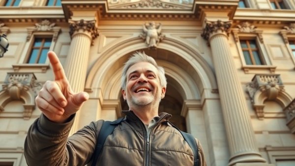 Cheerful man outside a classic NYC building, pointing upwards.
