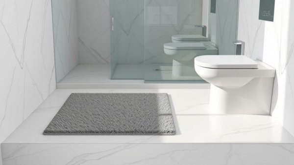 Diatomaceous earth bath mat on a bathroom floor with glass shower.