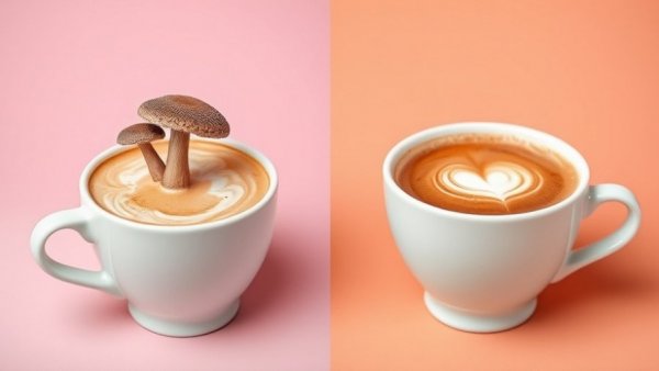 Comparison of mushroom coffee vs regular coffee on split background.
