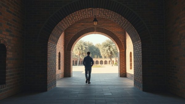 Rustic brick archway at Texas Tech campus, serene setting.